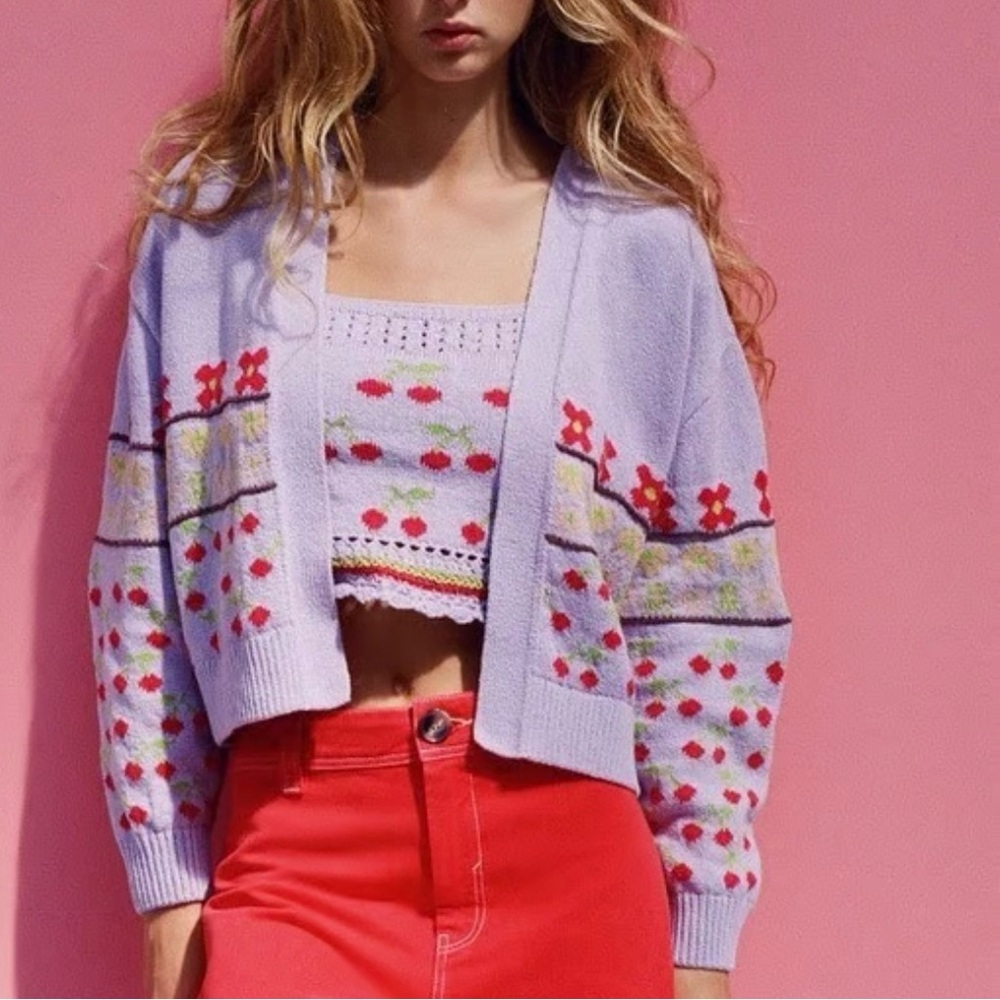 Zara purple cardigan tank top sweater set with cherry print